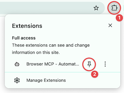 Закрепление расширения Browser MCP